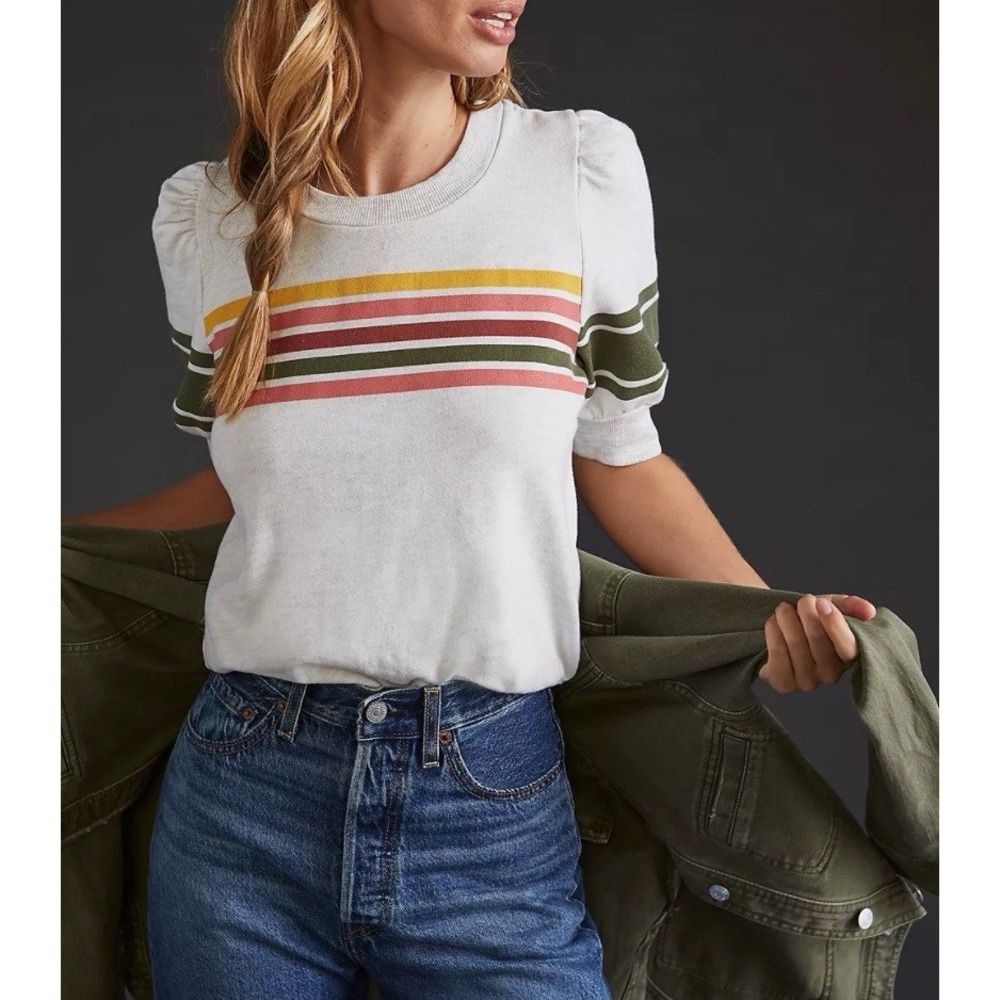 Anthropologie White Sweater Tee with Pink, Yellow & Olive Stripes